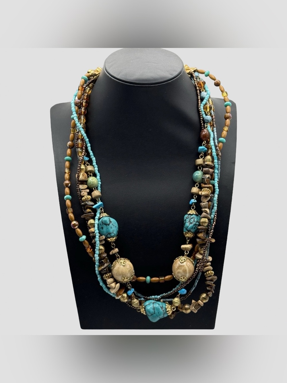 Vintage EsMor Necklace Multi-Strand Turquoise Wood Gold Tone Beaded Bib